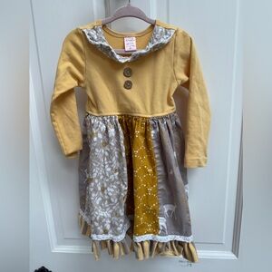 Giggle Moon 3T Girls Yellow, Gray, White Deer Long Sleeve Collared Dress